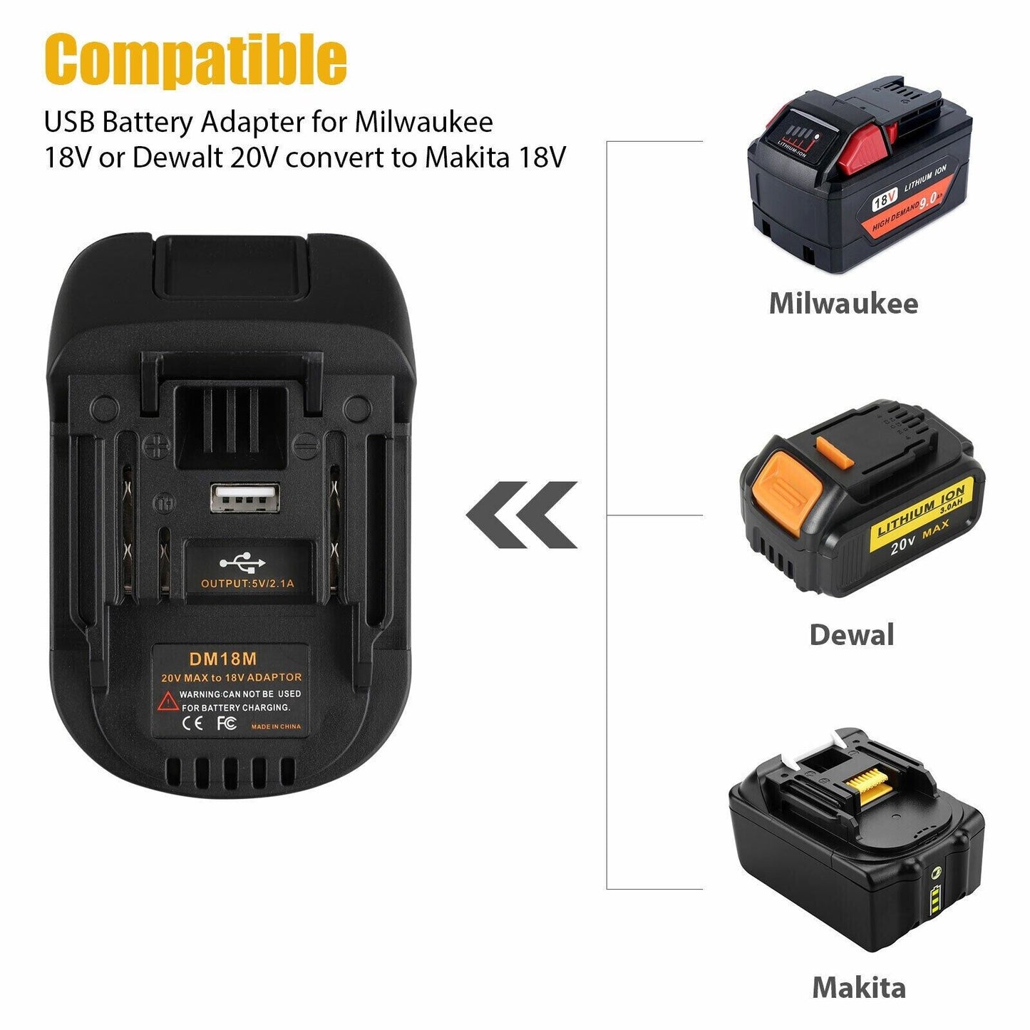 USB Battery Adapter Converter For 20V DEWALT Milwaukee M18 Convert To